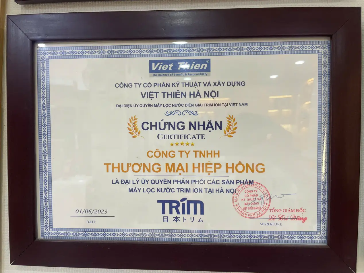 Giấy chứng nhận đại lý ủy quyền Trim Ion tại Hà Nội do Việt Thiên cấp cho Hiệp Hồng Japan