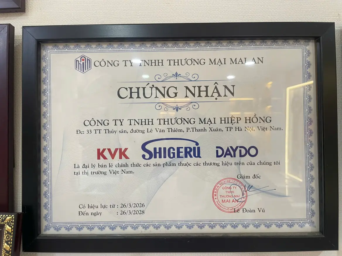 Giấy chứng nhận đại lý bán lẻ KVK Shigeru và Daydo do Mai An cấp cho Hiệp Hồng Japan