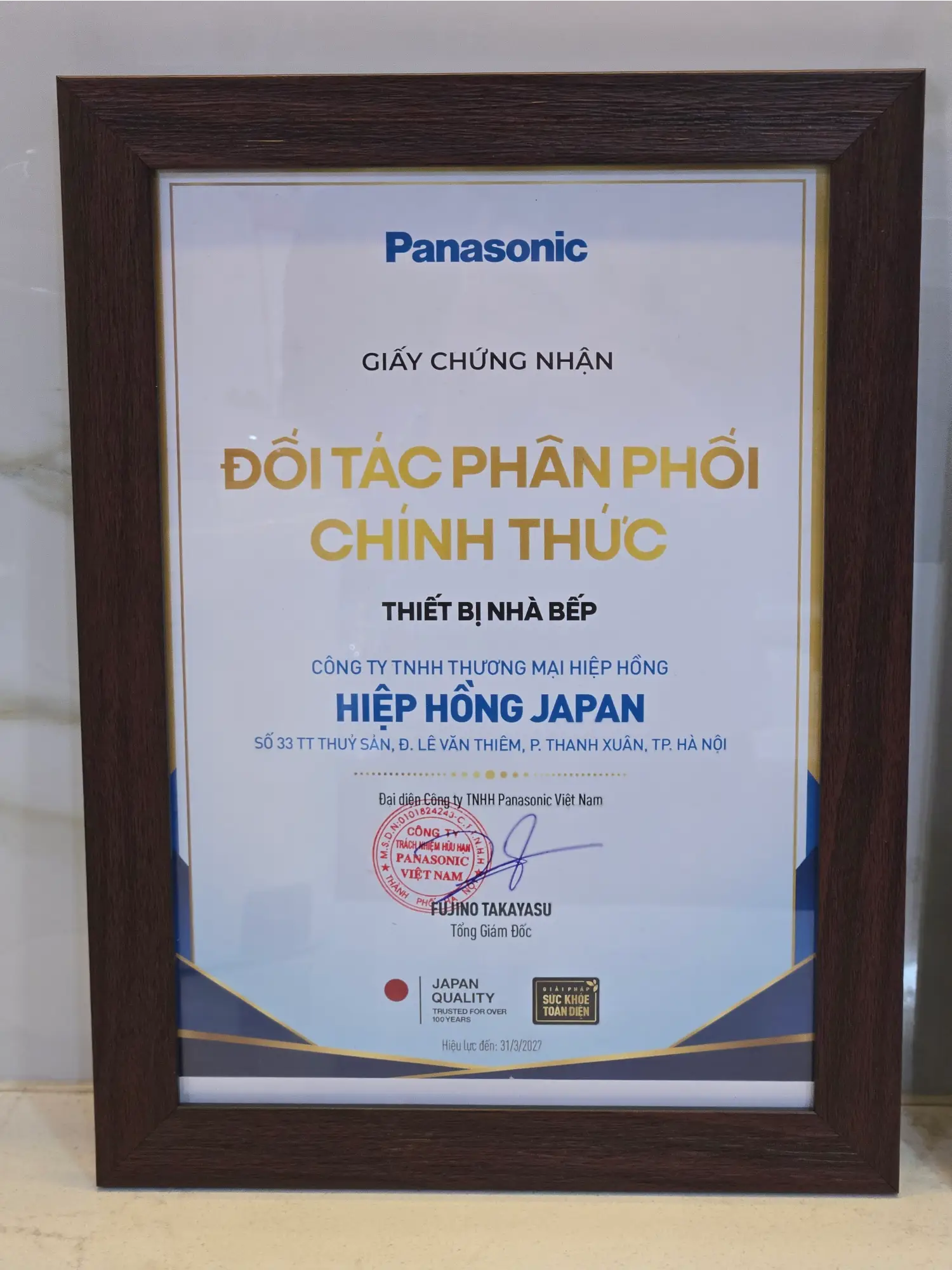 Chứng nhận Hiệp Hồng Japan là đối tác phân phối chính thức thiết bị nhà bếp Panasonic