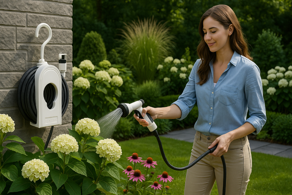 Cô gái đang sử dụng cuộn vòi tưới cây treo tường Takagi R115CG Nhật Bản tưới hoa