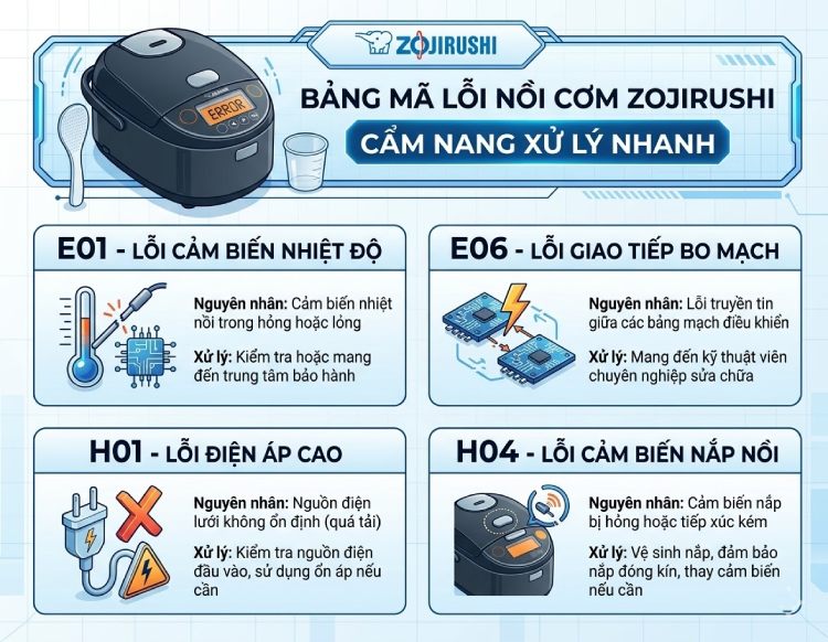 bảng mã lỗi nồi cơm điện Zojirushi