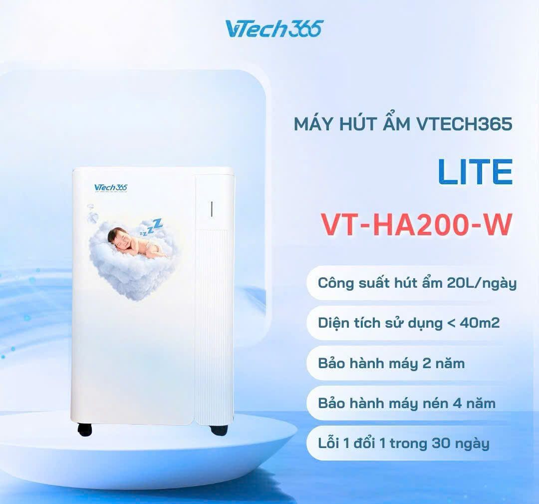 VTech365 VT-HA200-W Công suất hút ẩm mạnh mẽ 20L/ngày