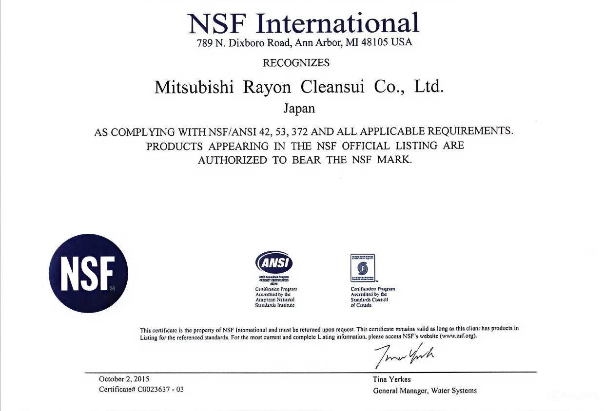 giải thưởng NSF (National Sanitary Foundation) của Mitsubishi Cleansui