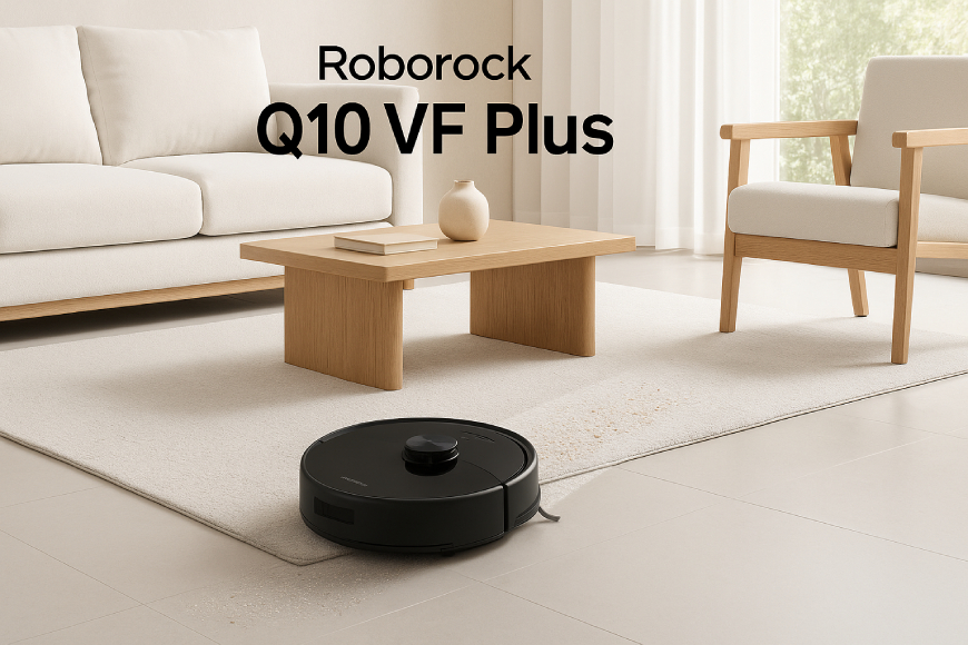 Robot hút bụi lau nhà Roborock Q10 VF Plus đang hút bụi trong phòng khách