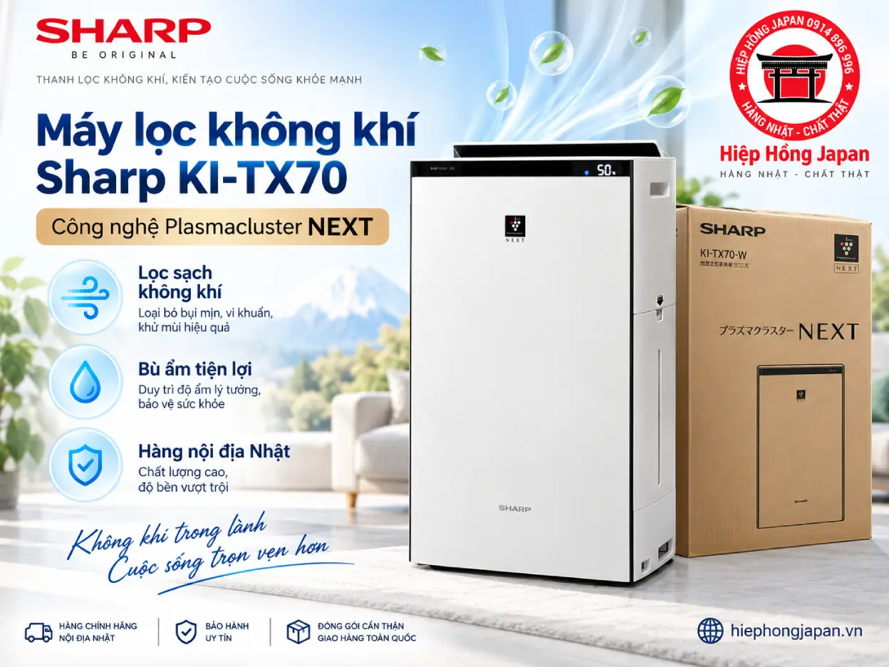 Máy lọc không khí Sharp KI-TX70-W – Plasmacluster NEXT, tạo ẩm 750mL/h