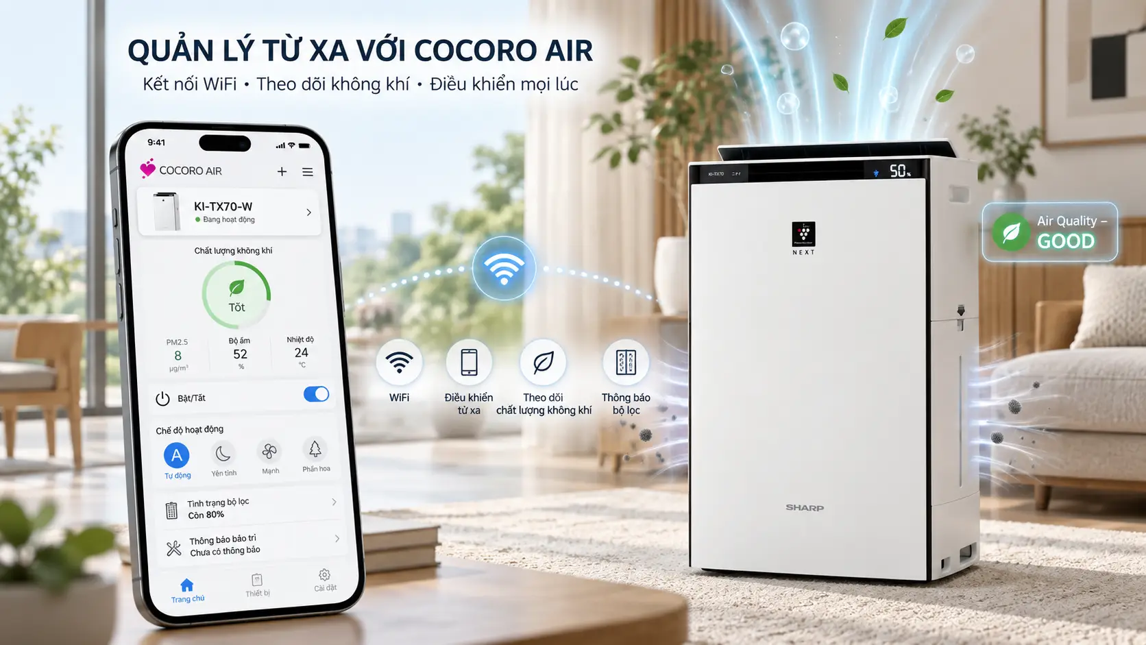 KI-TX70 có Wi-Fi tích hợp và hỗ trợ COCORO AIR.
