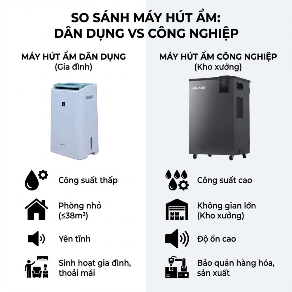 Bảng so sánh chi tiết máy hút ẩm gia đình và công nghiệp