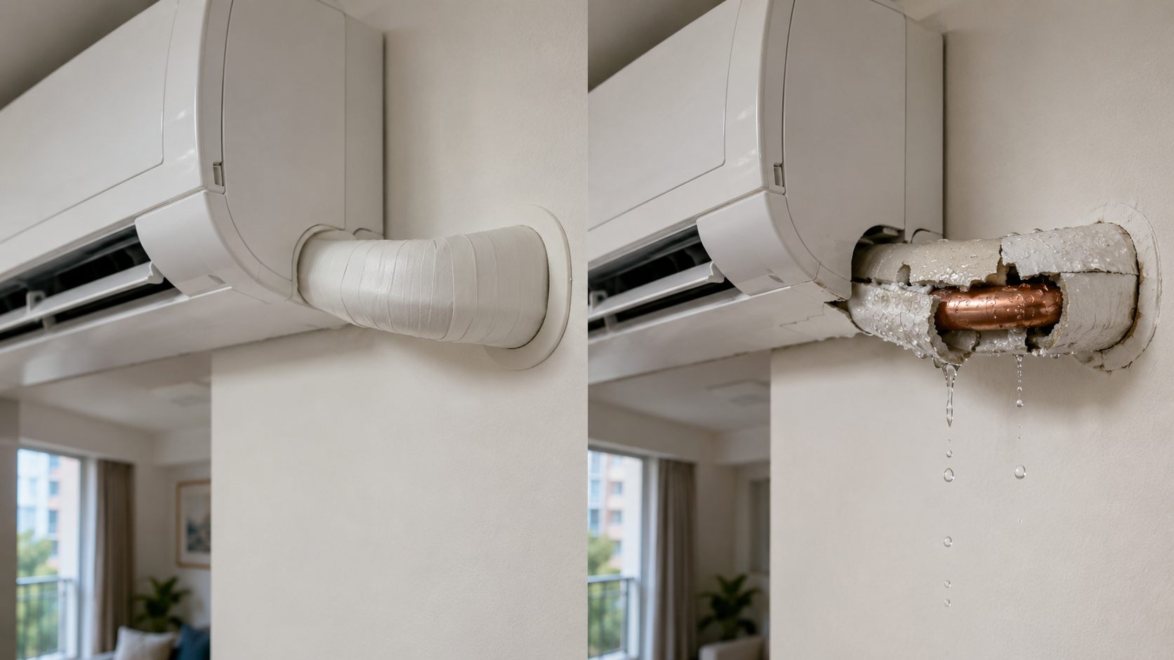 So sánh ống bảo ôn điều hòa tốt và bảo ôn bị hỏng