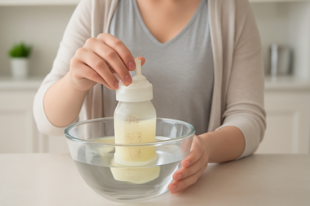 Mẹ ngâm bình sữa mẹ trong nước ấm để rã đông sữa cho bé.