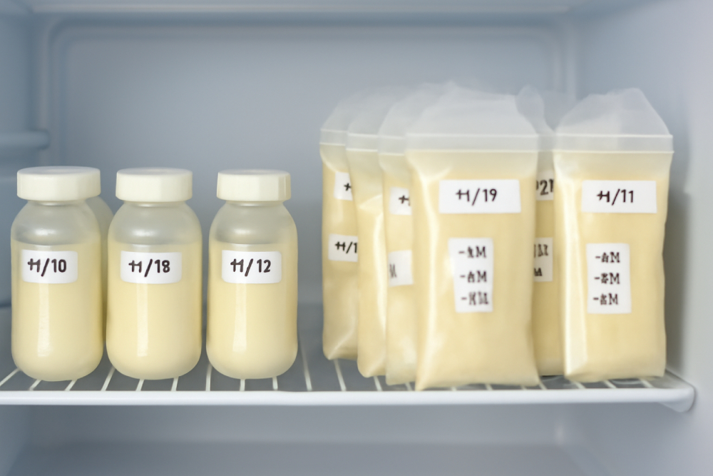 Ngăn mát tủ lạnh chứa sữa mẹ đã trữ trong bình và túi, có nhãn ghi ngày vắt sữa.