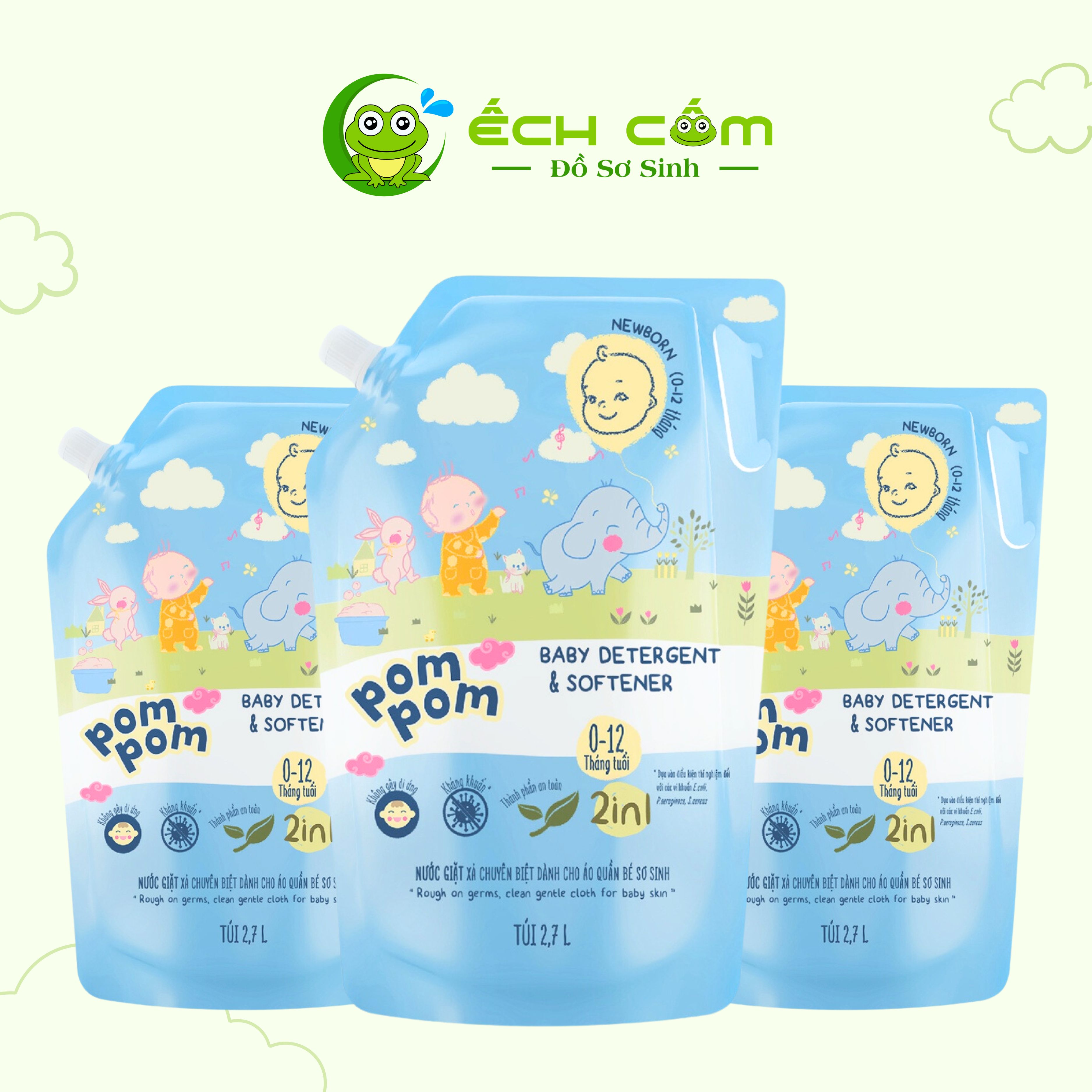GEL GIẶT XẢ POM POM NEWBORN  DÀNH RIÊNG CHO BÉ SƠ SINH (0-12 THÁNG) - TÚI 2,7L