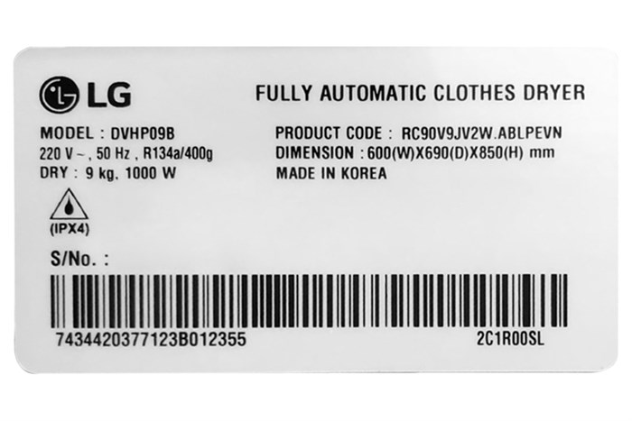 Máy sấy bơm nhiệt LG 9kg DVHP09B