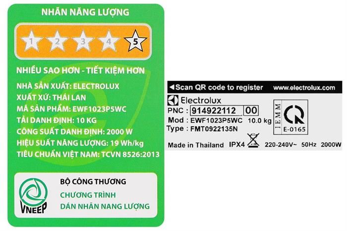 Máy giặt Electrolux UltimateCare 500 Inverter 10 kg EWF1023P5WC