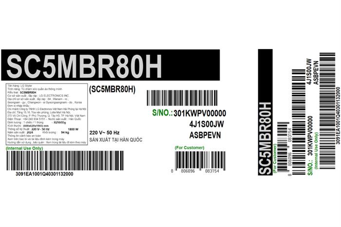 Tủ chăm sóc quần áo thông minh LG Styler Inverter 5 móc SC5MBR80H