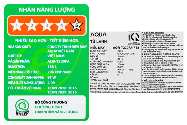 Tủ lạnh Aqua AQR-T220FA(FB) 189 lít Inverter