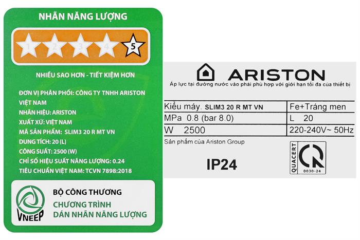 Bình nóng lạnh Ariston SLIM3 20R VN - 20 lít