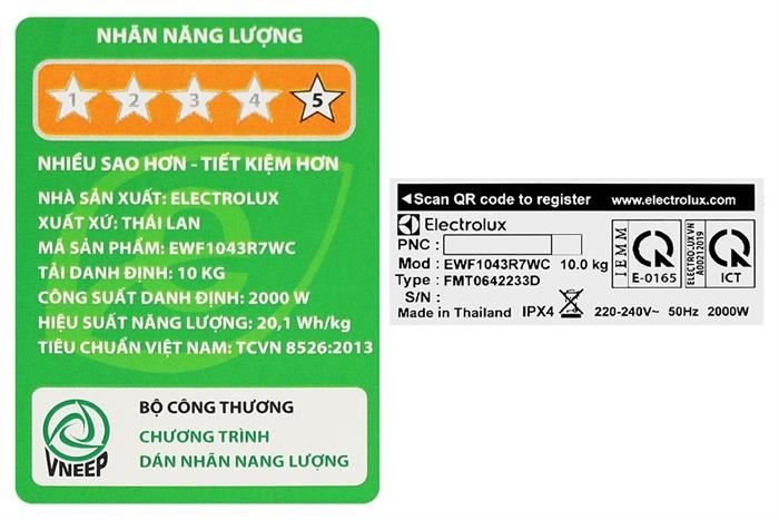 Máy giặt Electrolux UltimateCare 700 Inverter 10 kg EWF1043R7WC