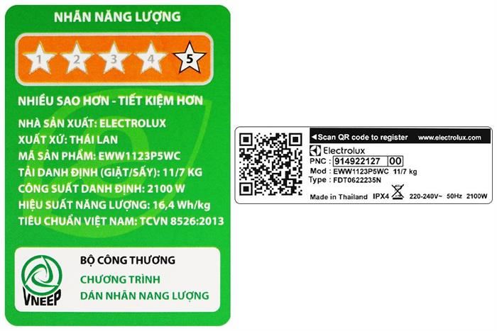 Máy giặt sấy Electrolux UltimateCare 500 Inverter giặt 11 kg - sấy 7 kg EWW1123P5WC