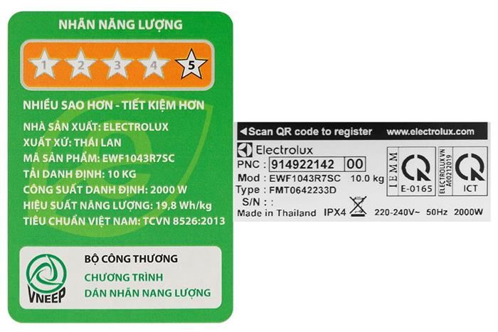 Máy giặt Electrolux UltimateCare 700 Inverter 10 kg EWF1043R7SC