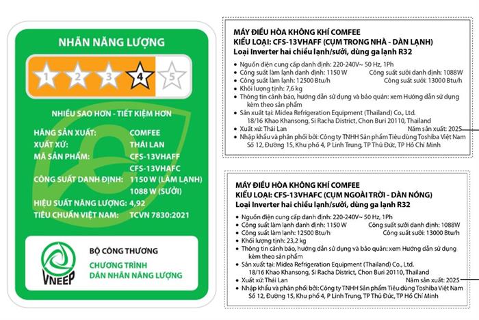 Điều hoà 2 chiều Comfee 12500btu Inverter 1.5 HP CFS-13VHAFF