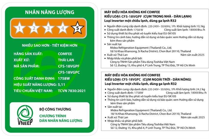 Điều hòa Comfee Inverter 18000btu 2 HP CFS-18VGPF/CFS-18VGPC
