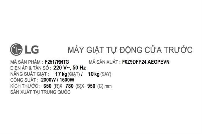 Máy giặt 17kg sấy 10kg LG Inverter lồng ngang F2517RNTG