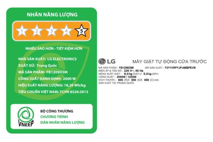 Máy giặt sấy LG Inverter giặt 9 kg - sấy 5 kg FB1209D5M