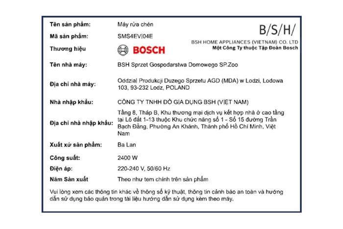 Máy rửa chén độc lập Bosch SMS4EVI04E