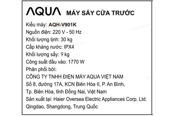 Máy sấy thông hơi Aqua 9 kg AQH-V901K PS