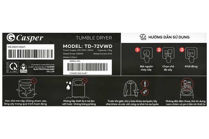 Máy Sấy Quần Áo Casper 7.2Kg TD-72VWD