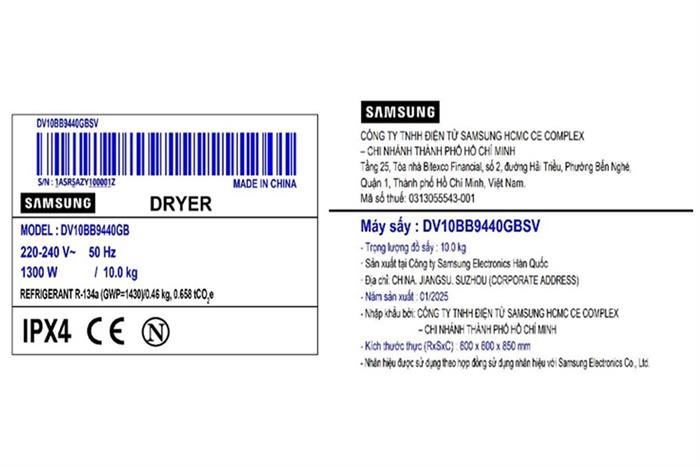 Máy sấy bơm nhiệt Samsung 10 Kg DV10BB9440GBSV