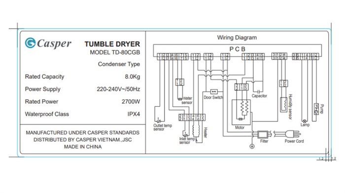 Máy Sấy Quần Áo Casper 8Kg TD-80CGB