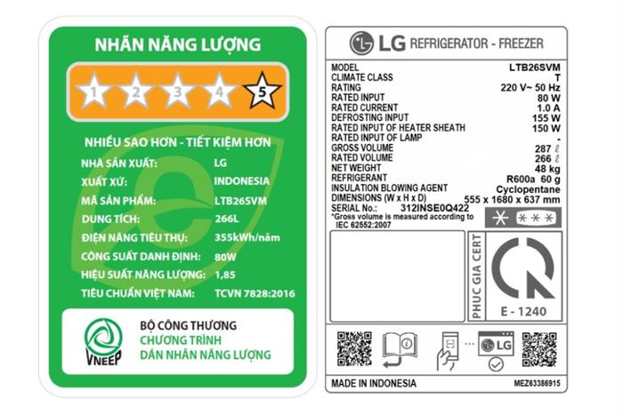 Tủ lạnh LG Inverter 266 lít LTB26SVM