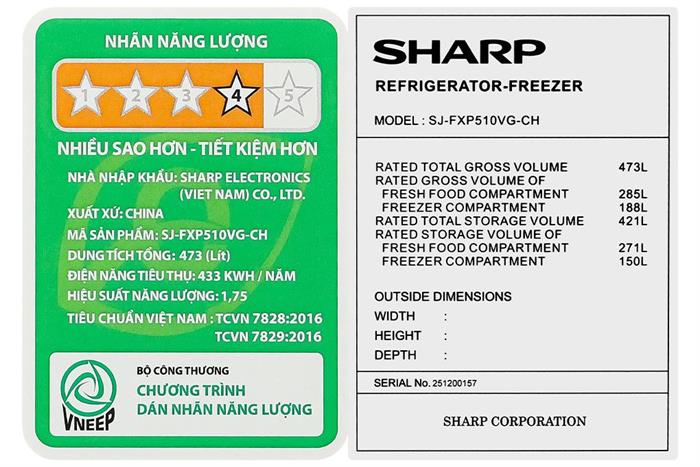 Tủ lạnh Sharp Inverter Multi Door 421 lít SJ-FXP510VG-CH
