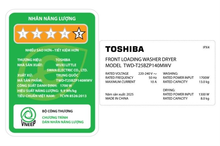 Máy giặt sấy Toshiba Inverter giặt 13 kg – sấy 8 kg TWD-T25BZP140MWV(MG)
