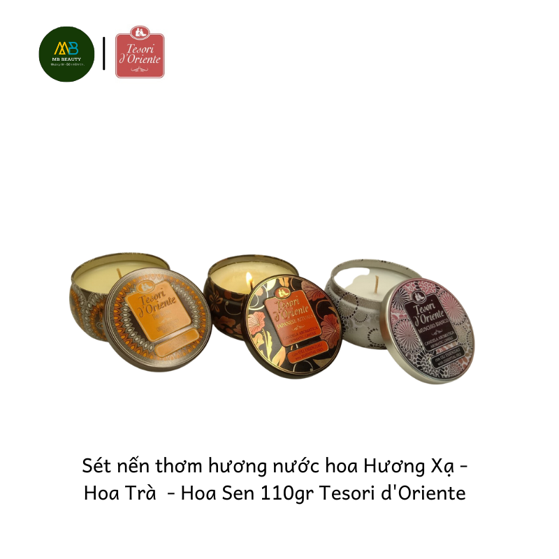 Bộ Nến Thơm Hương Nước Hoa Hương Hoa Trà - Hoa Sen - Xạ Hương 110g Tesori d'Oriente