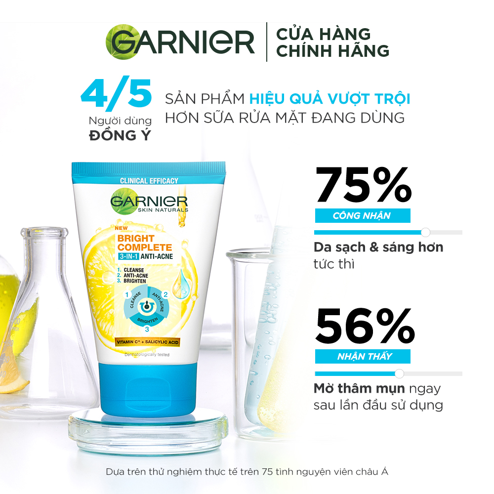 Sữa Rửa Mặt Garnier 3 Trong 1 Ngừa Mụn 100ml (Mới) Bright Complete Anti-Acne Cleansing Foam