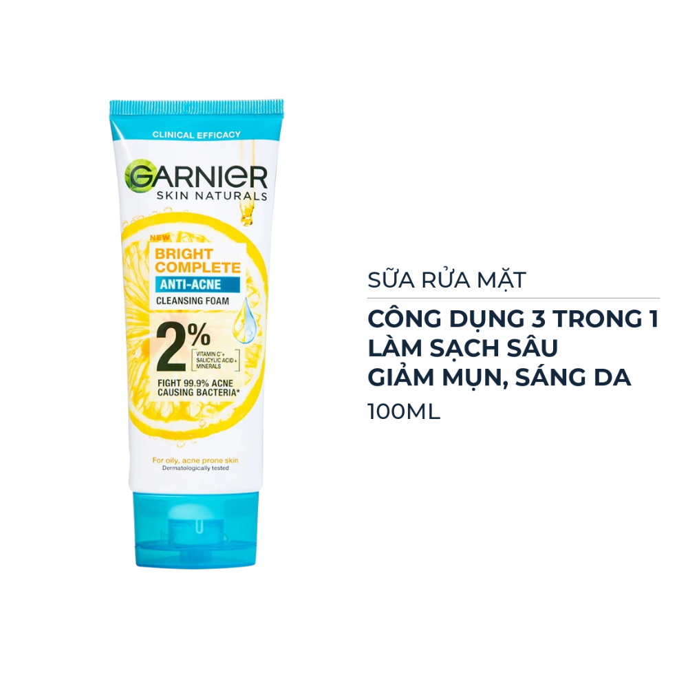 Sữa Rửa Mặt Garnier 3 Trong 1 Ngừa Mụn 100ml (Mới) Bright Complete Anti-Acne Cleansing Foam