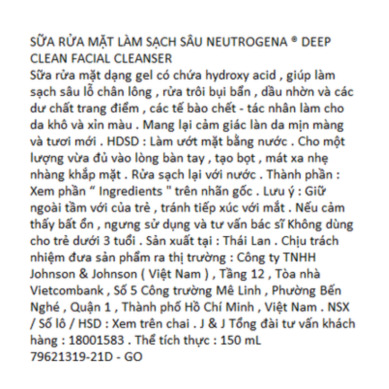 Sữa Rửa Mặt Neutrogena Làm Sạch Sâu Dạng Gel 150ml