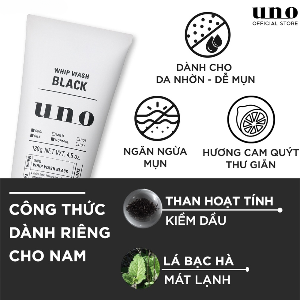 Sữa Rửa Mặt Uno Tạo Bọt Sạch Nhờn Cho Da Dầu 130g Whip Wash Black