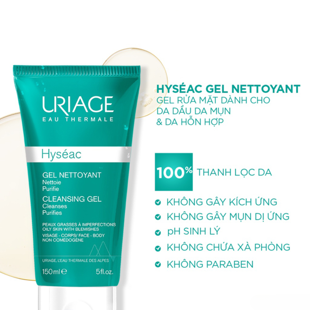 Gel Rửa Mặt Uriage Cho Da Dầu Mụn, Hỗn Hợp 150ml Hyséac Gel Nettoyant Cleansing Gel