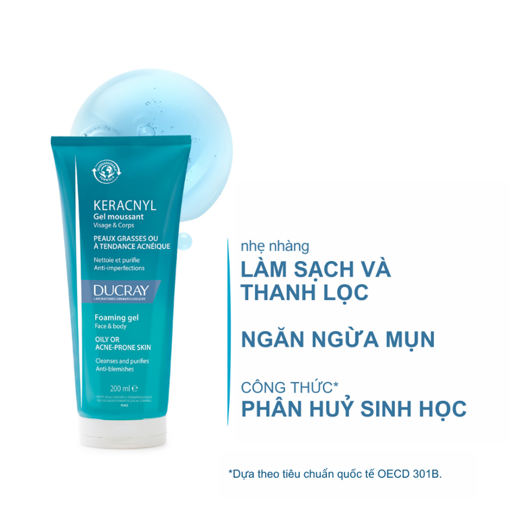 Sữa Rửa Mặt Ducray Cho Da Nhờn Mụn 200ml Keracnyl Gel Moussant
