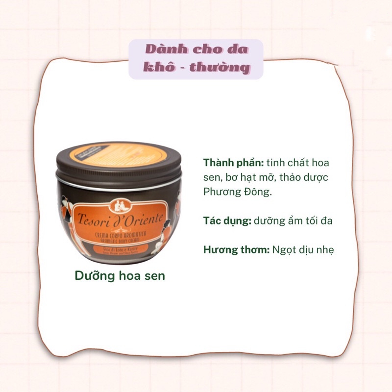 Kem Dưỡng Thể Hương Nước Hoa Tesori D'Oriente Hương Sen 300gr