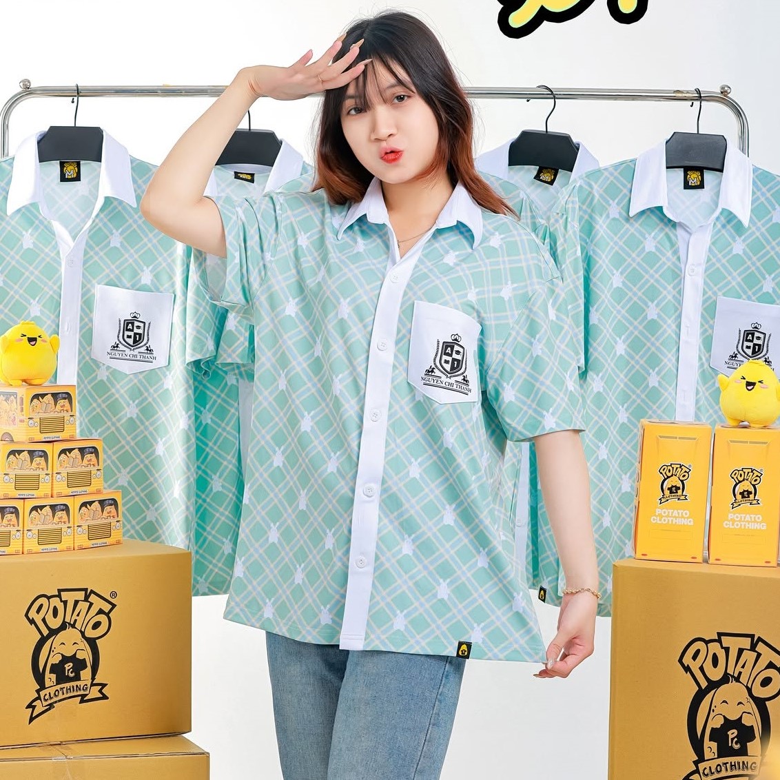 Áo lớp sơ mi xanh lá mẫu 2