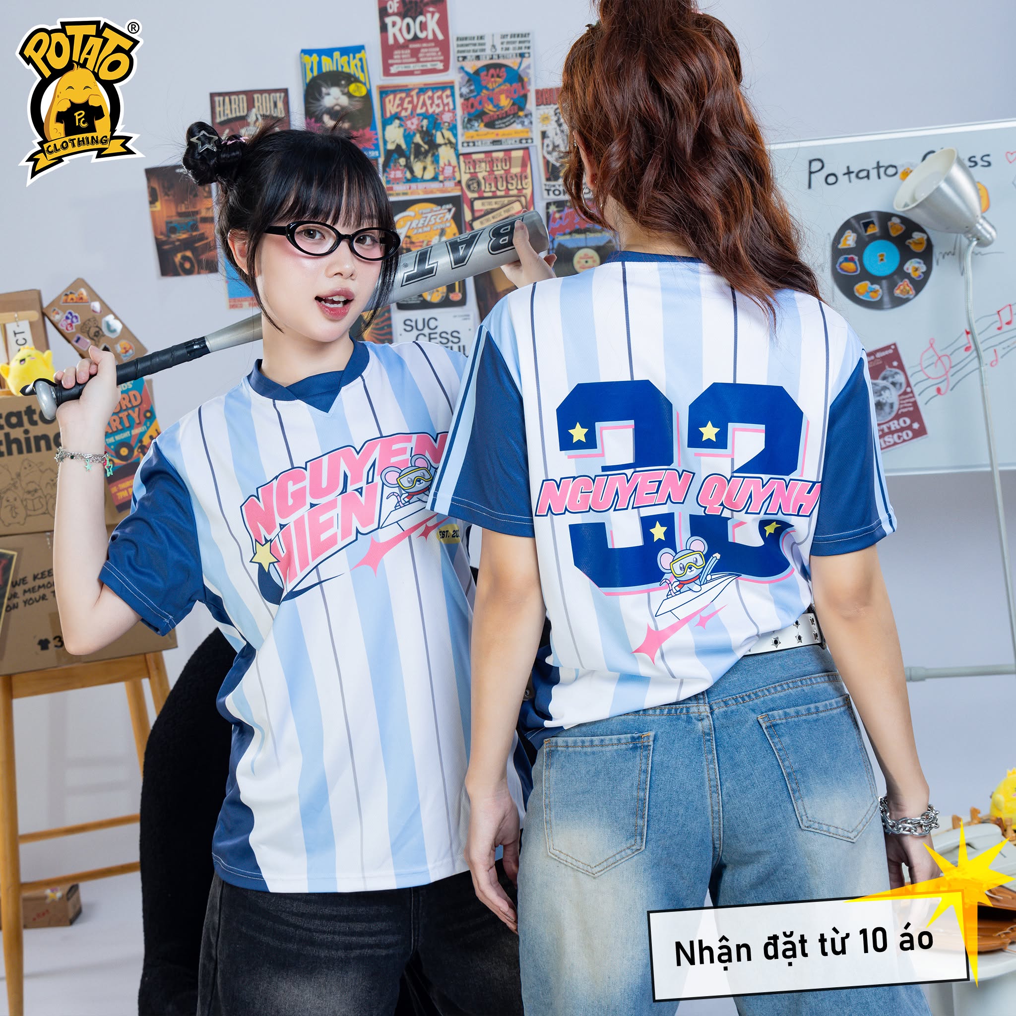 Áo thun cổ tròn xanh dương mẫu 5