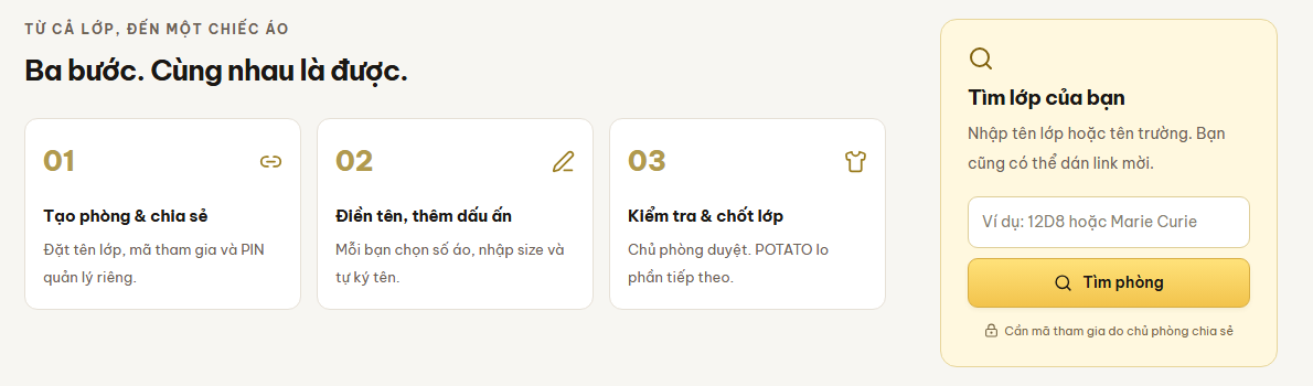 Ba bước đặt áo lớp online: tạo phòng và chia sẻ, điền tên thêm dấu ấn, kiểm tra và chốt lớp