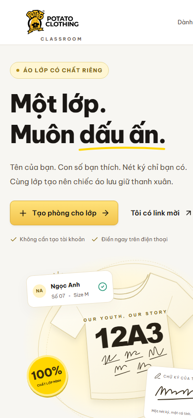 Trang chủ POTATO Classroom trên điện thoại, học sinh điền thông tin ngay trên máy
