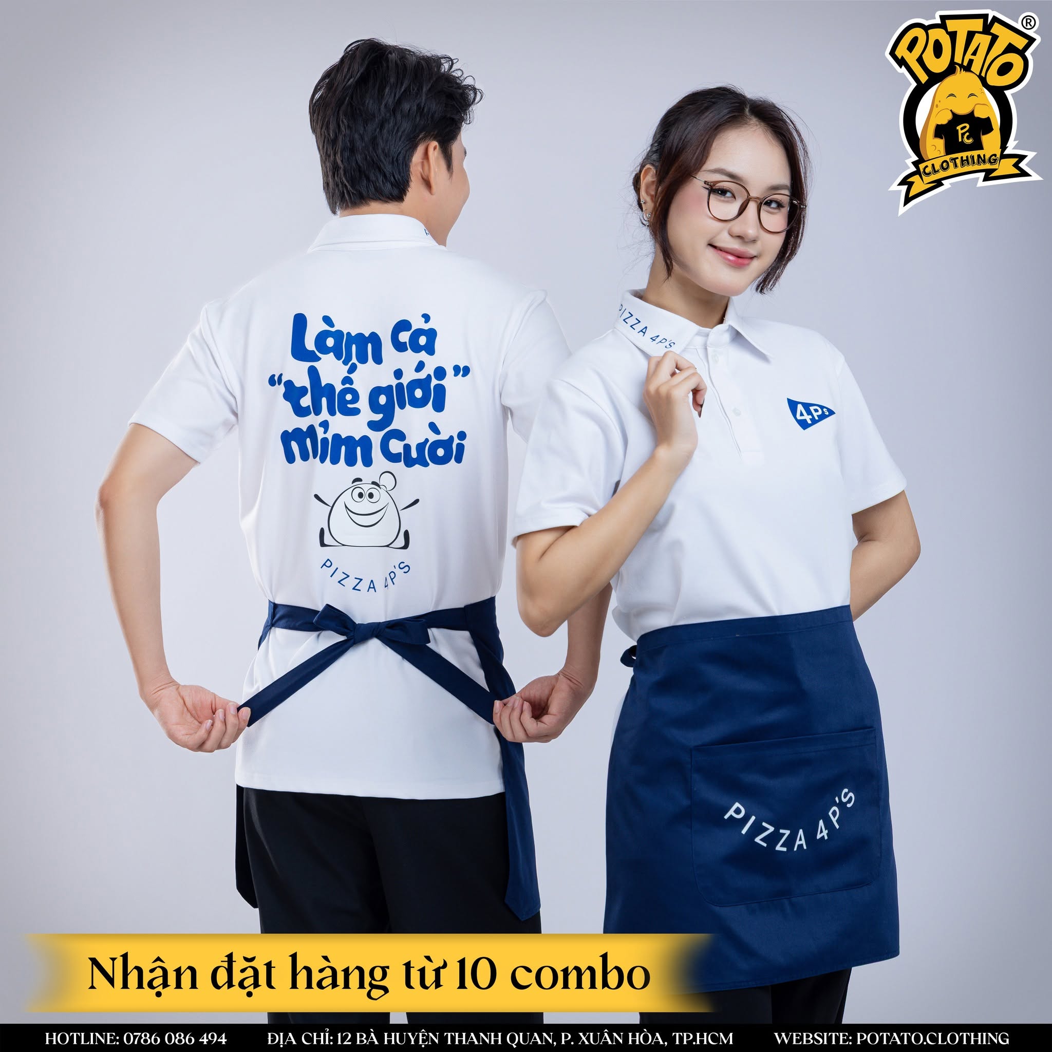 Đồng phục F&B áo polo trắng in logo kèm tạp dề
