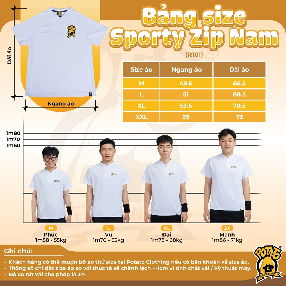Bảng size đồng phục Sporty Zip Potato Clothing - nam