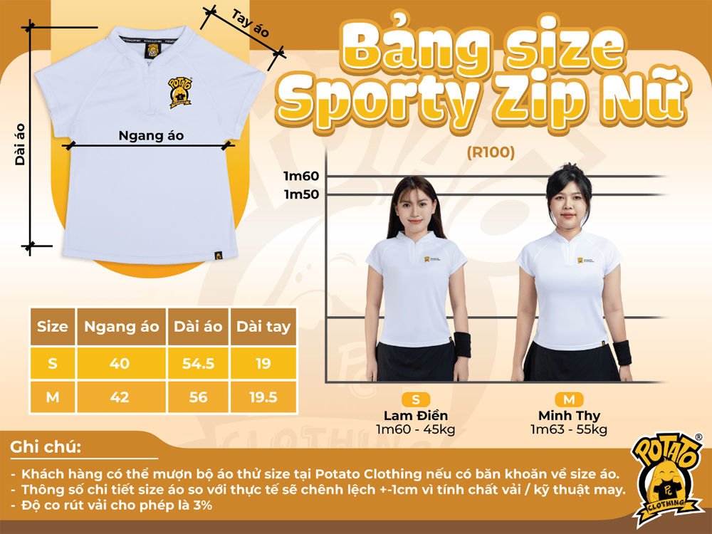 Bảng size đồng phục Sporty Zip Potato Clothing - nữ